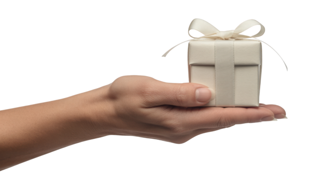 Hand holding a gift box with ribbon isolated on a transparent background image - Powered by Adobe