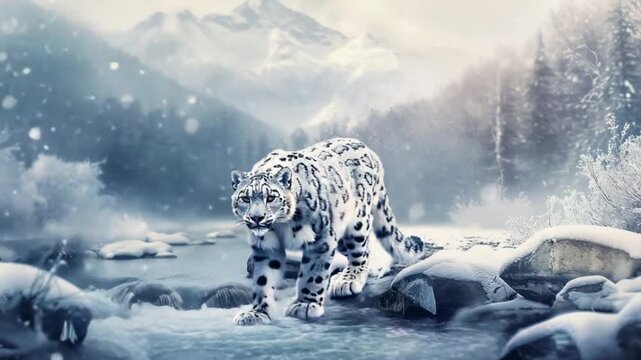 Snowy mountain landscape with a snow leopard