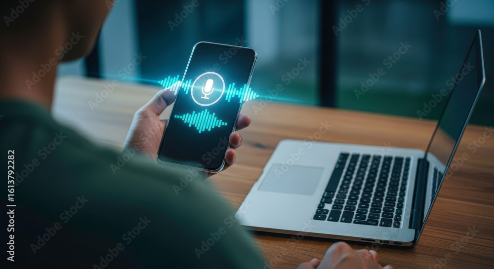 Poster voice assistant technology on smartphone with laptop for ai communication and speech recognition app