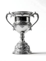 Silver trophy cup with elegant handles on clean white background casting soft shadow, symbolizing achievement and success