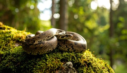Snake coiled on green moss