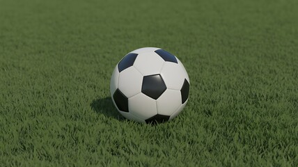 Fototapeta premium Classic soccer ball resting on a lush green field under sunlight
