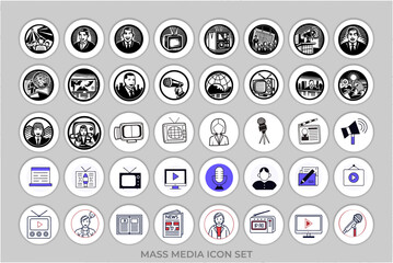 Media editable icon set. Vector illustrations of microphone, journalist, press conference, report, video, interview and more.
