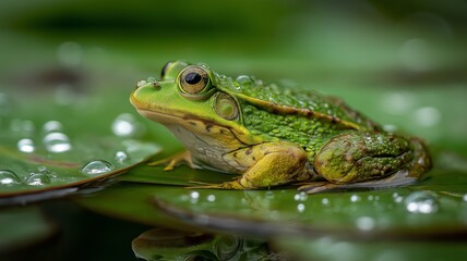 Fototapeta premium A green frog sits calmly on a lily pad surrounded by beads of water in a tranquil pond.