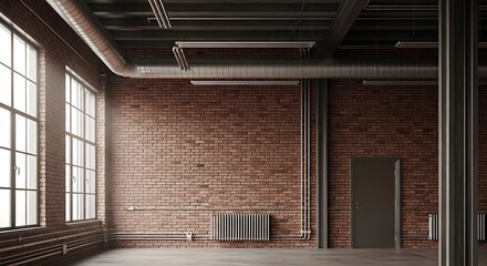 A spacious industrial loft interior featuring exposed brick walls and metal piping system with