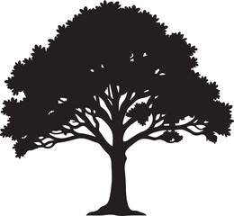 Black vector tree silhouette illustration with roots and leafy branches, perfect for nature-inspired spring and autumn designs