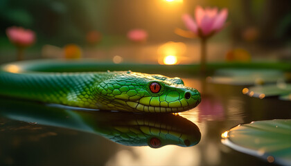Fototapeta premium Stunning wildlife close-up of snake head in warm, reflective lake at sunset