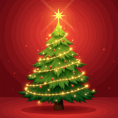 Christmas Tree with Golden Lights on Transparent Background, Glossy Festive Illustration