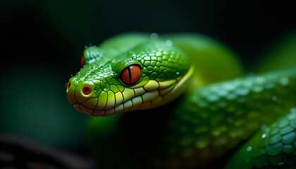 Tense snake with textured scales and fierce eyes in soft jungle light, close and detailed.