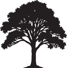 Black vector tree silhouette illustration with roots and leafy branches, perfect for nature-inspired spring and autumn designs