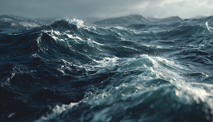 Dark blue ocean waves with white foam create a turbulent texture. Dynamic sea swirl captures powerful water motion, deep aquatic surface patterns, and wild currents.
