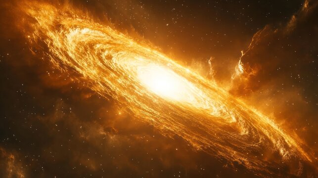 Energetic blazar glowing in the distant universe, surrounded by swirling galactic matter