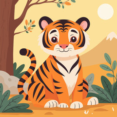 Cute Tiger Cub Illustration with Transparent Background, Watercolor Design Element
