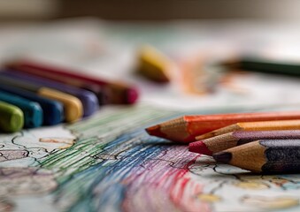 Colorful crayons and colored pencils on a child's drawing