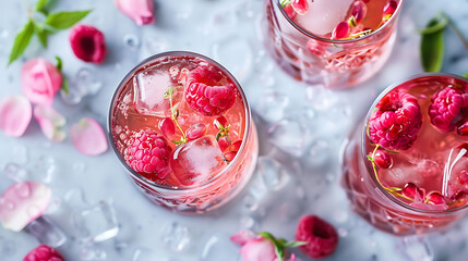 Glasses of raspberry lemonade with ice and rose flowers on light background