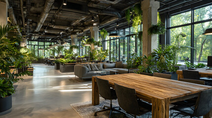 Modern co working space with open seating, clean lighting, and greenery creates productive
