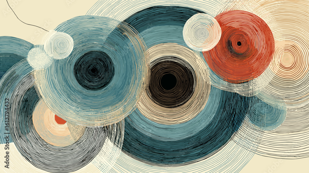 Poster abstract circular patterns in soft colors with textured lines