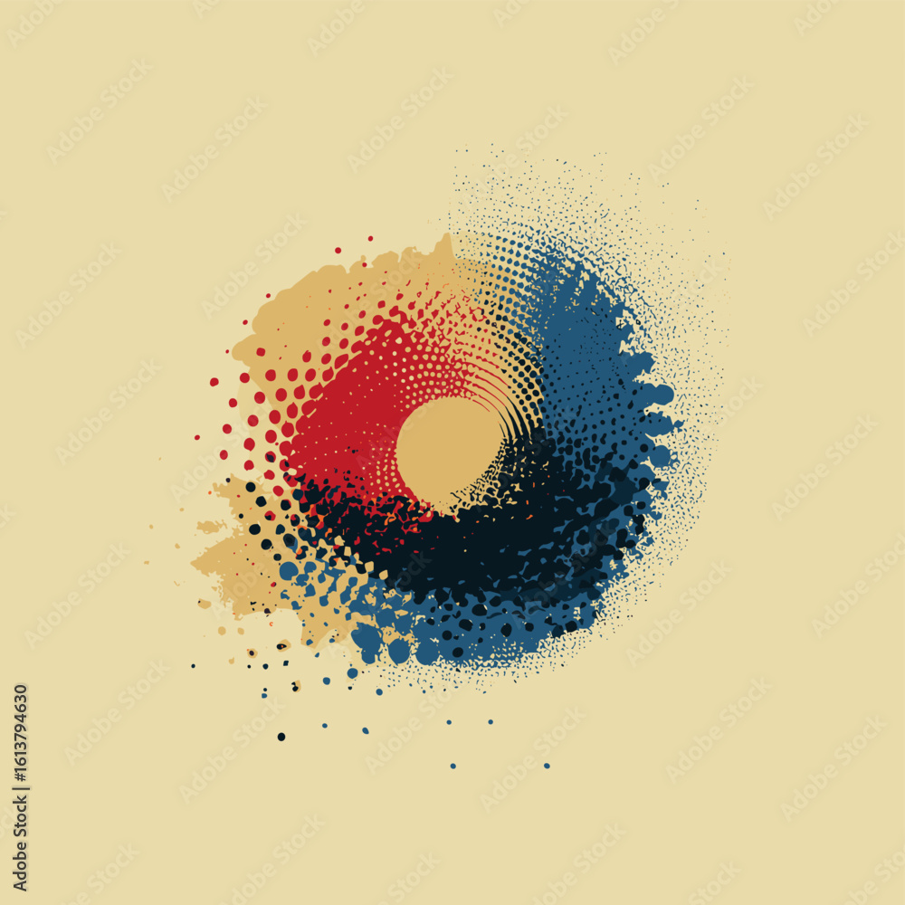Poster abstract circular pattern with red and blue dots on beige background