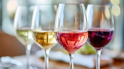 Naklejka premium Four distinct glasses of wine featuring white, rose, and red varieties are presented at a cozy restaurant table, reflecting the warm ambiance of an inviting evening environment.