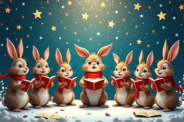 Six rabbits singing carols with books in snow bunny
