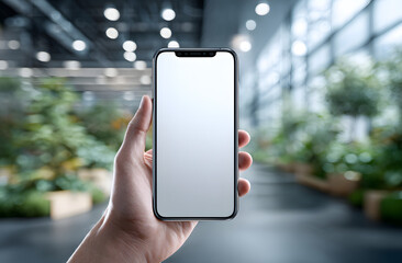 Hand holding phone 15 Pro mockup with white screen. Minimalistic design, editorial aesthetic. Showcase app, website digital content. Mockup for social media business use. Modern tech gadget.