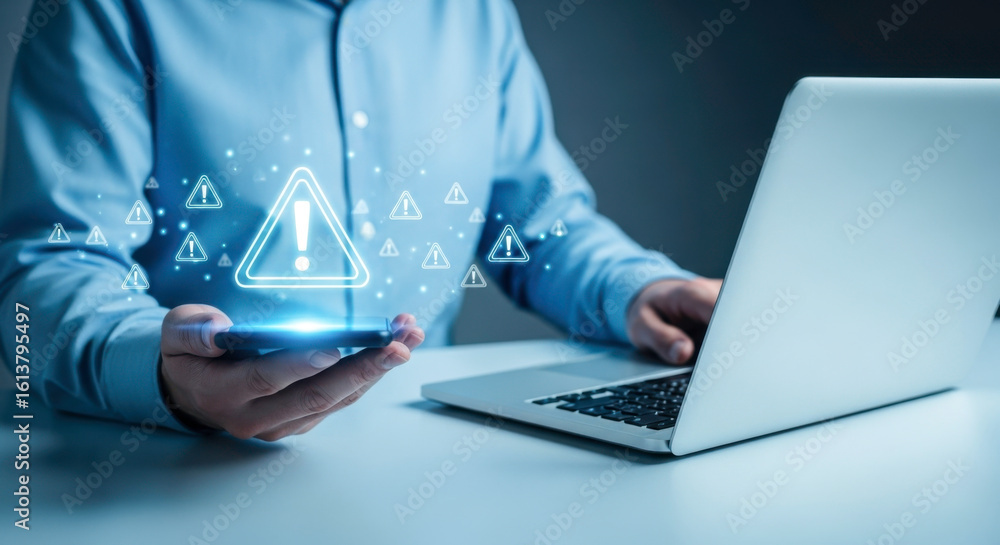 Poster cybersecurity threat detection and prevention with laptop and phone vulnerability assessment risk ma