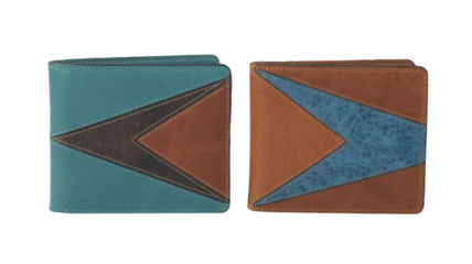 Leather wallets with geometric color block design isolated on a transparent background accessories