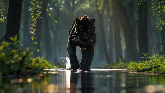 Black panther in a misty forest