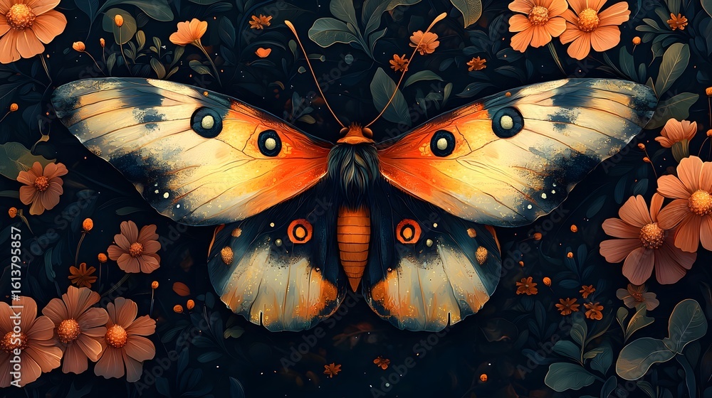 Poster mystical moth pattern against a shadowy forest backdrop