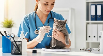 Caring veterinarian gently administering vaccine to adorable gray kitten during routine checkup at modern clinic, promoting pet wellness and preventative care for healthy happy animals