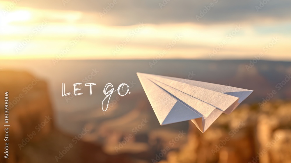 Poster hyper realistic paper airplane in the foreground with handwritten message 