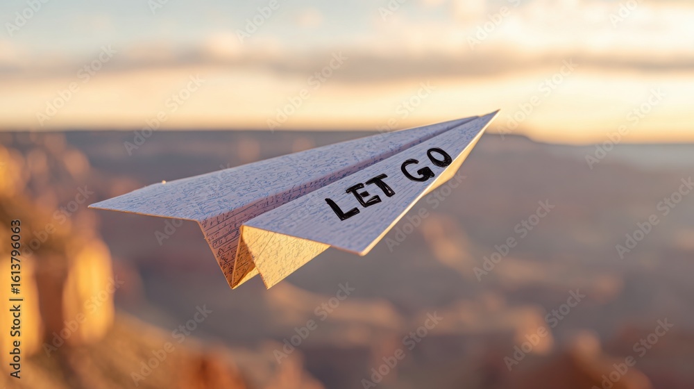 Poster hyper realistic paper airplane in the foreground with handwritten message 