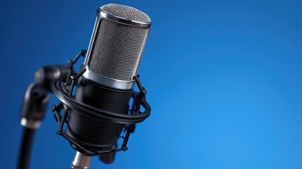 Close-up of professional microphone against blue background