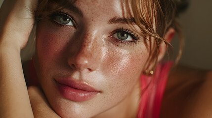 Lazy skincare. Youthful woman with post-workout glow, flushed cheeks, dewy skin. Concept of post-workout routine and indoor cooling methods.