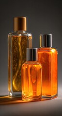 Three glass perfume bottles in amber and orange