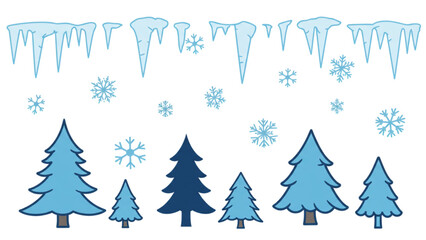 Obraz premium Festive winter scene featuring cute hand drawn cartoon trees snowflakes and icicles for holiday designs