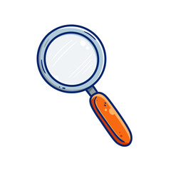 Colorful cartoon magnifying glass illustration with a shiny lens and orange handle. Isolated icon with transparent background, ideal for UI, search, detective, and learning themes.