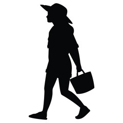 silhouette of a young woman wearing a straw hat standing on a white background