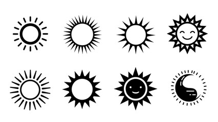 Variety of sun icons offering a sunny day feeling and positive energy, perfect for weather or design projects