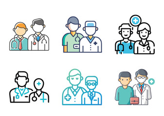 Collection of diverse doctor and medical Bundle personnel duo icons for healthcare applications