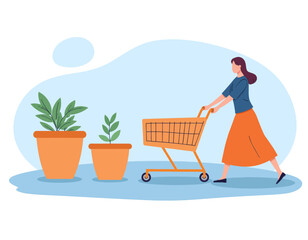 Illustration of Woman Pushing Shopping Cart with Potted Plants, Neon Coral with Transparent Background, Flat Design Element