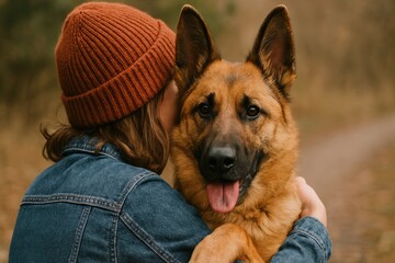 Happy Woman in a Brown Beanie and Denim Jacket Hugging Her Loyal German Shepherd Dog on an Autumn Forest Path, Capturing a Heartwarming Bond and Outdoor Companionship