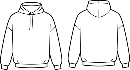 PrintBlank hoodie template front and back view, fashion design outline, editable sketch for garment customization, apparel illustration, clothing mockup