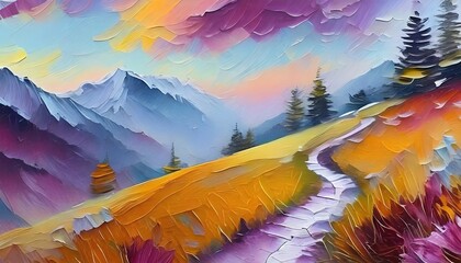 Impressionistic mountain landscape depicting serenity, wanderlust and artistic expression through textured brushstrokes