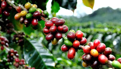 Close-up of ripe and unripe coffee cherries on branch in plantation, symbolizing harvest, global trade and natural agriculture