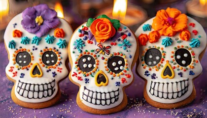 Colorful sugar skull cookies decorated for Dia de los Muertos celebrations reflecting Mexican culture, tradition and honoring the dead