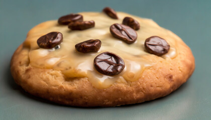 Gourmet cookie topped with chocolate-covered coffee beans evoking indulgence, energy boost and culinary creativity