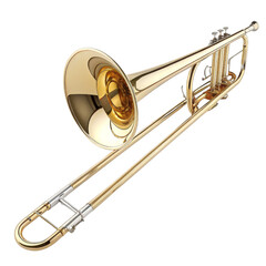 Obraz premium Golden Trombone 3D Render, Isolated on Transparent Background, Brass Instrument, Musical Instrument, Trombone, 3D Model, Music