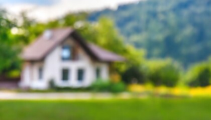 A blurred countryside house evokes the feeling of memory, nostalgia, or a dreamlike escape to a tranquil nature retreat far from the urban rush