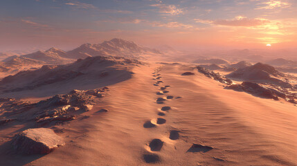 Serene desert landscape with footprints at sunset